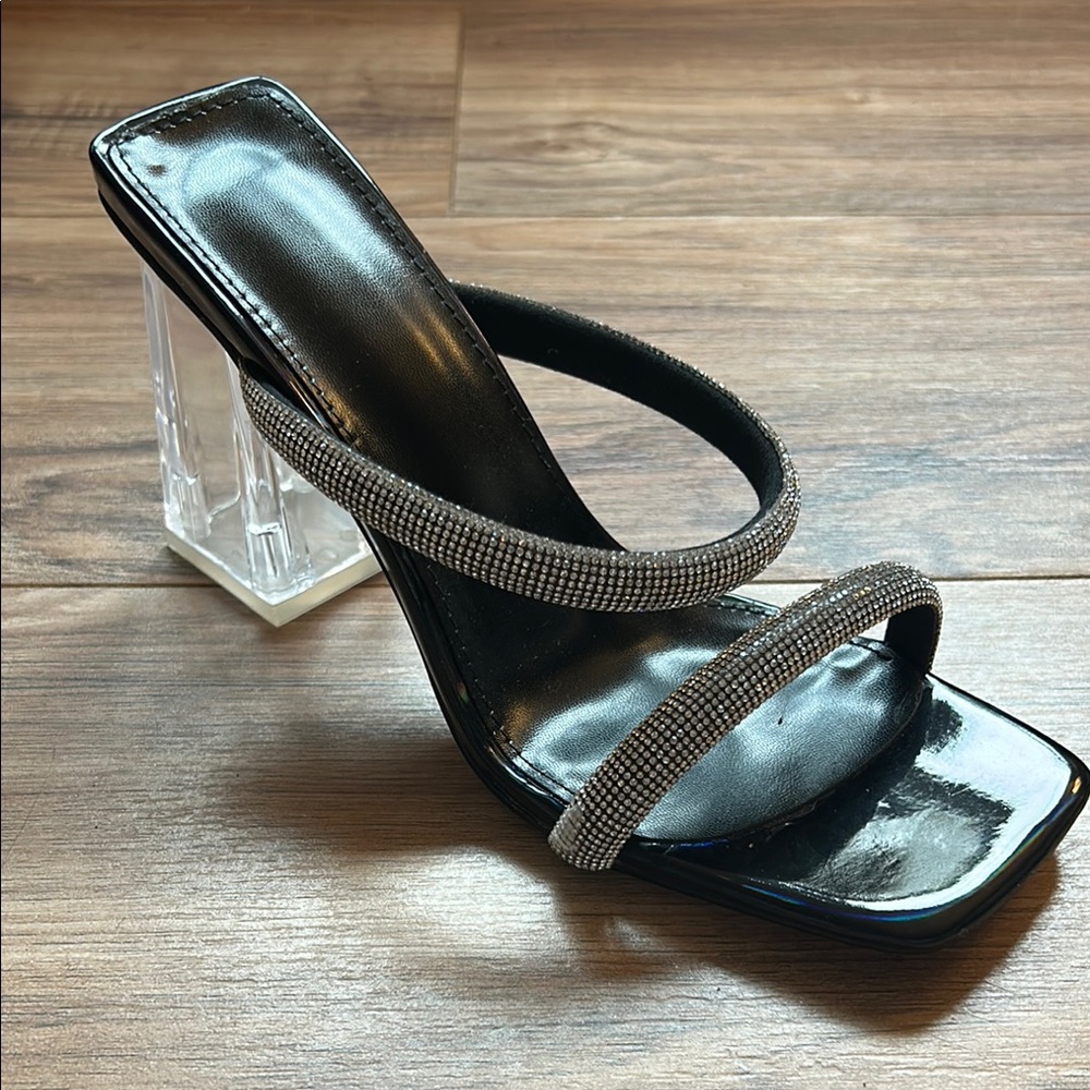 Black Square Toe Bling Rhinestone Clear Block Heels